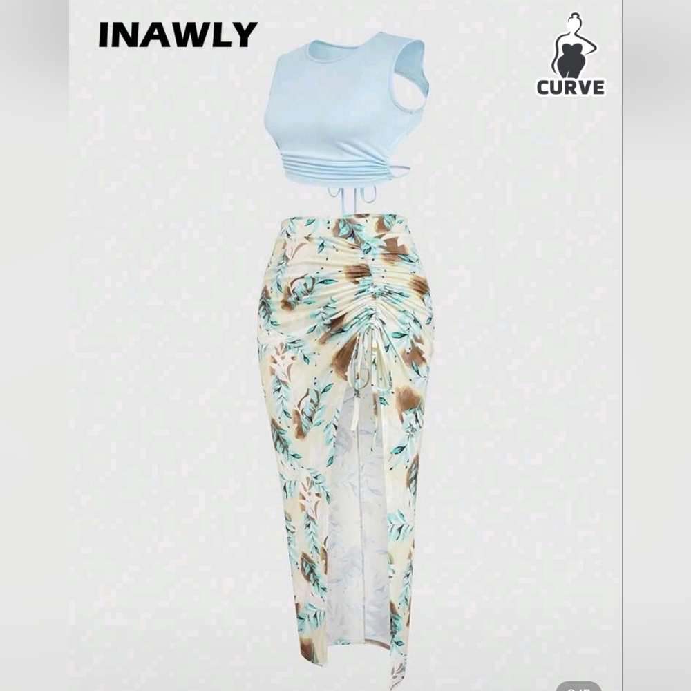 3XL/18 Floral Print Maxi Skirt - Cream and Brown Vacay Cruise Summer